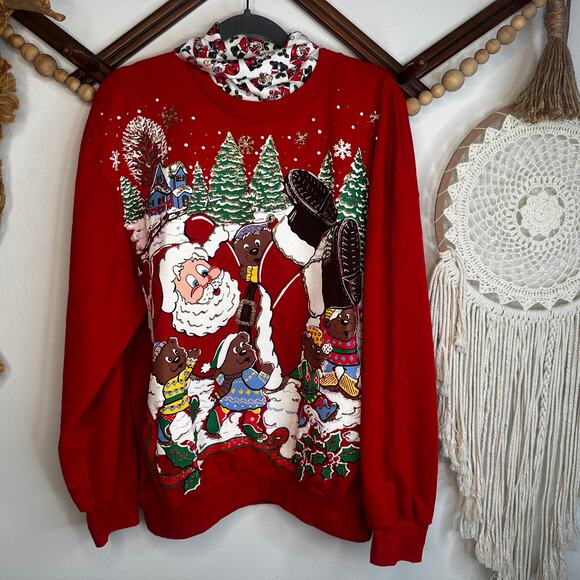 Nutcracker Sweaters - Vintage Nutcracker Puffy Glitter Santa Collared Pullover Sweatshirt
